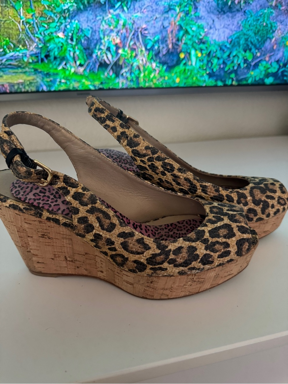 Stuart Weitzman Leopard Print Cork Wedges in Tan and Black